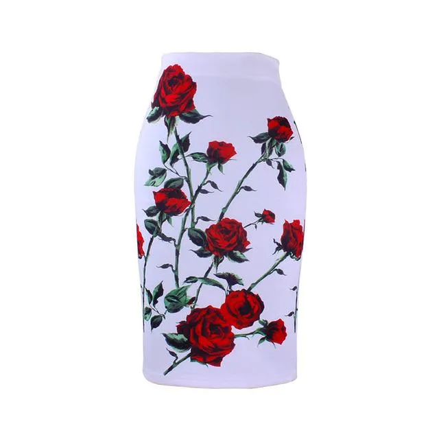 Fashion Flower Red Roses print women pencil skirts lady midi saias female faldas girls black bottoms M-XXL skirt wholesale