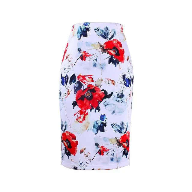 Fashion Flower Red Roses print women pencil skirts lady midi saias female faldas girls black bottoms M-XXL skirt wholesale