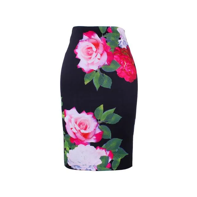 Fashion Flower Red Roses print women pencil skirts lady midi saias female faldas girls black bottoms M-XXL skirt wholesale