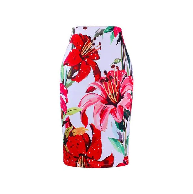 Fashion Flower Red Roses print women pencil skirts lady midi saias female faldas girls black bottoms M-XXL skirt wholesale