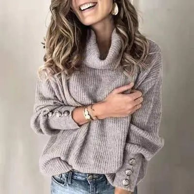 Fashion high collar loose casual solid color sweater