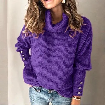 Fashion high collar loose casual solid color sweater