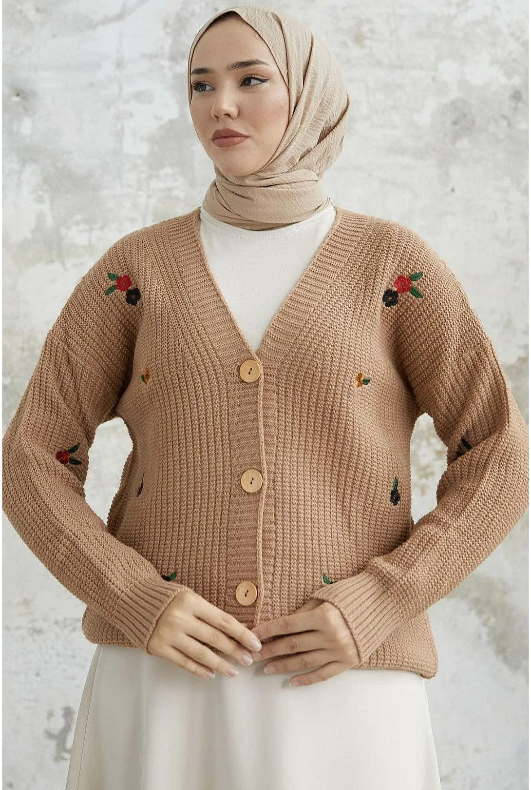 Floral Embroidered Cardigan Sweater - Camel Brown | V-Neck Daisy Embroidered Women's Cardigan