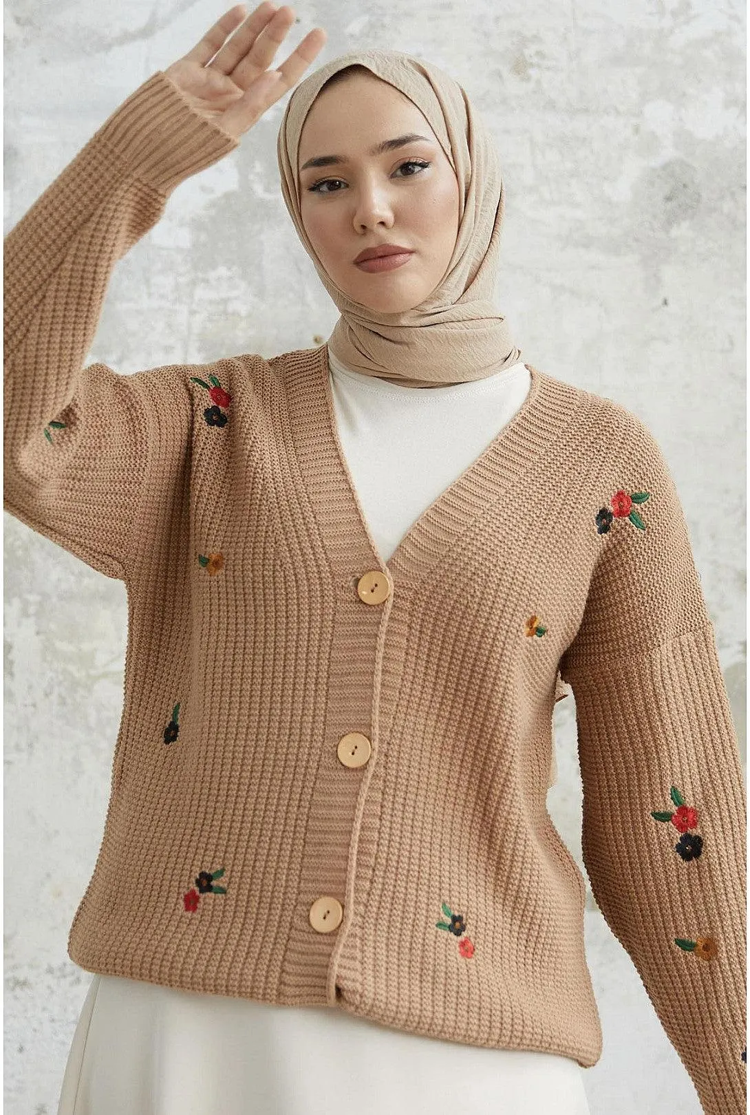 Floral Embroidered Cardigan Sweater - Camel Brown | V-Neck Daisy Embroidered Women's Cardigan