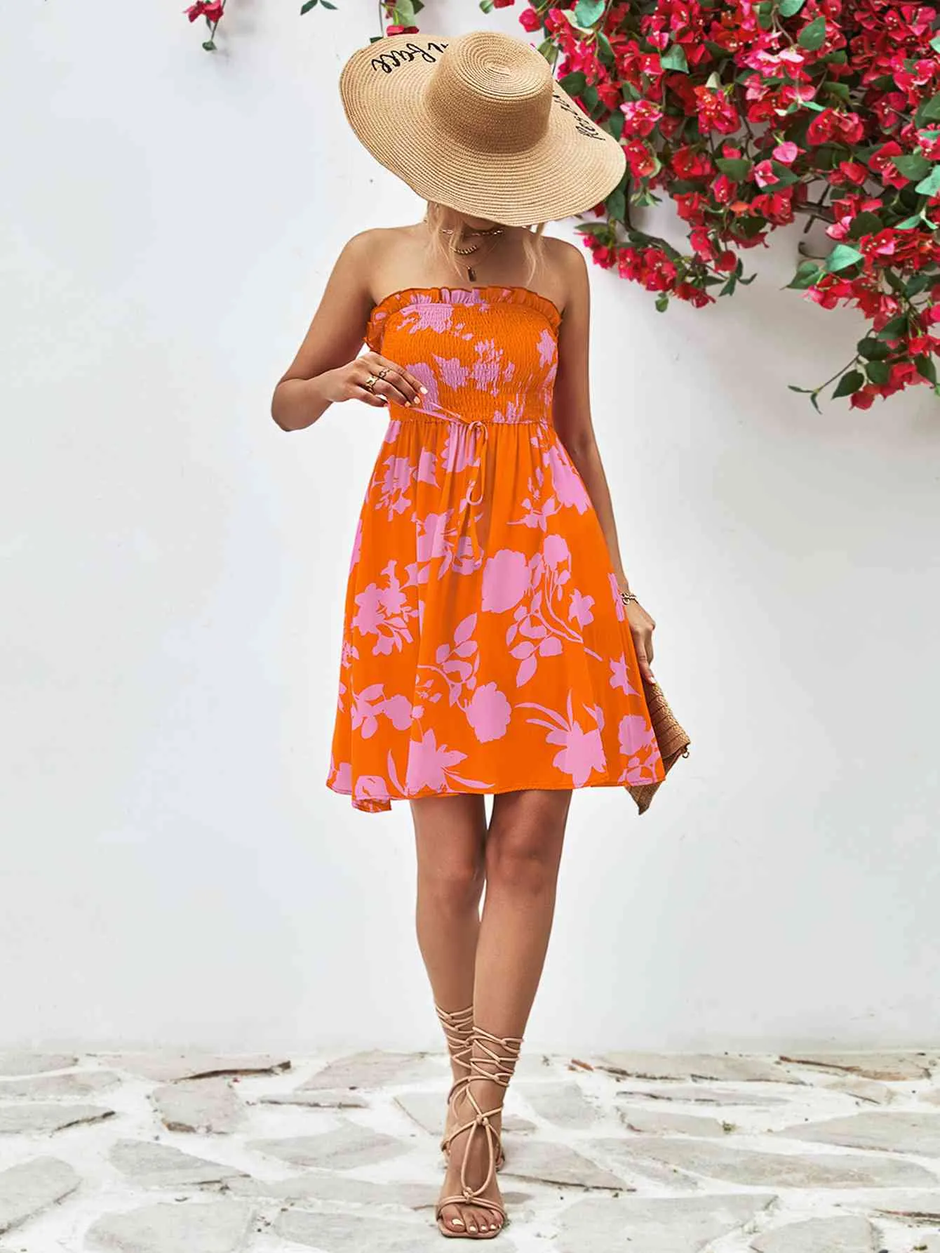 Floral Frill Trim Strapless Smocked Dress