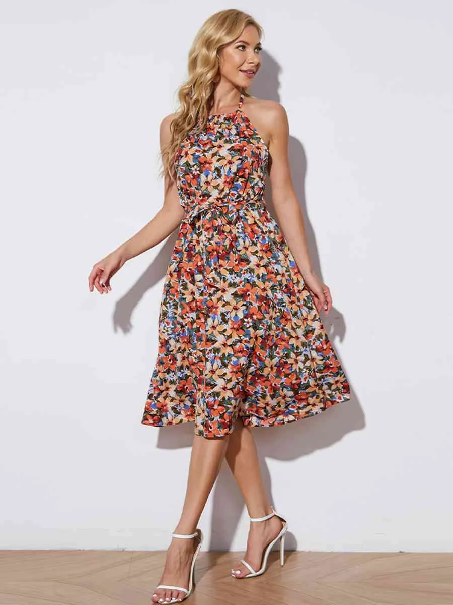 Floral Halter Neck Tie-Waist Backless Dress