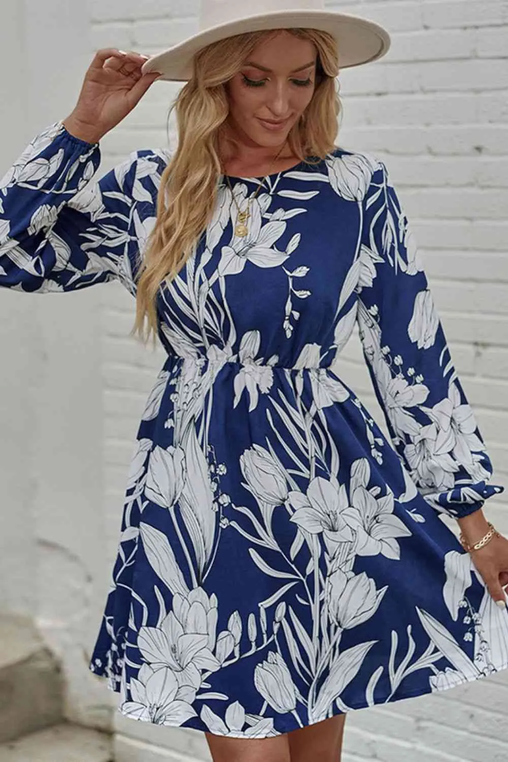 Floral Round Neck Balloon Sleeve Mini Dress