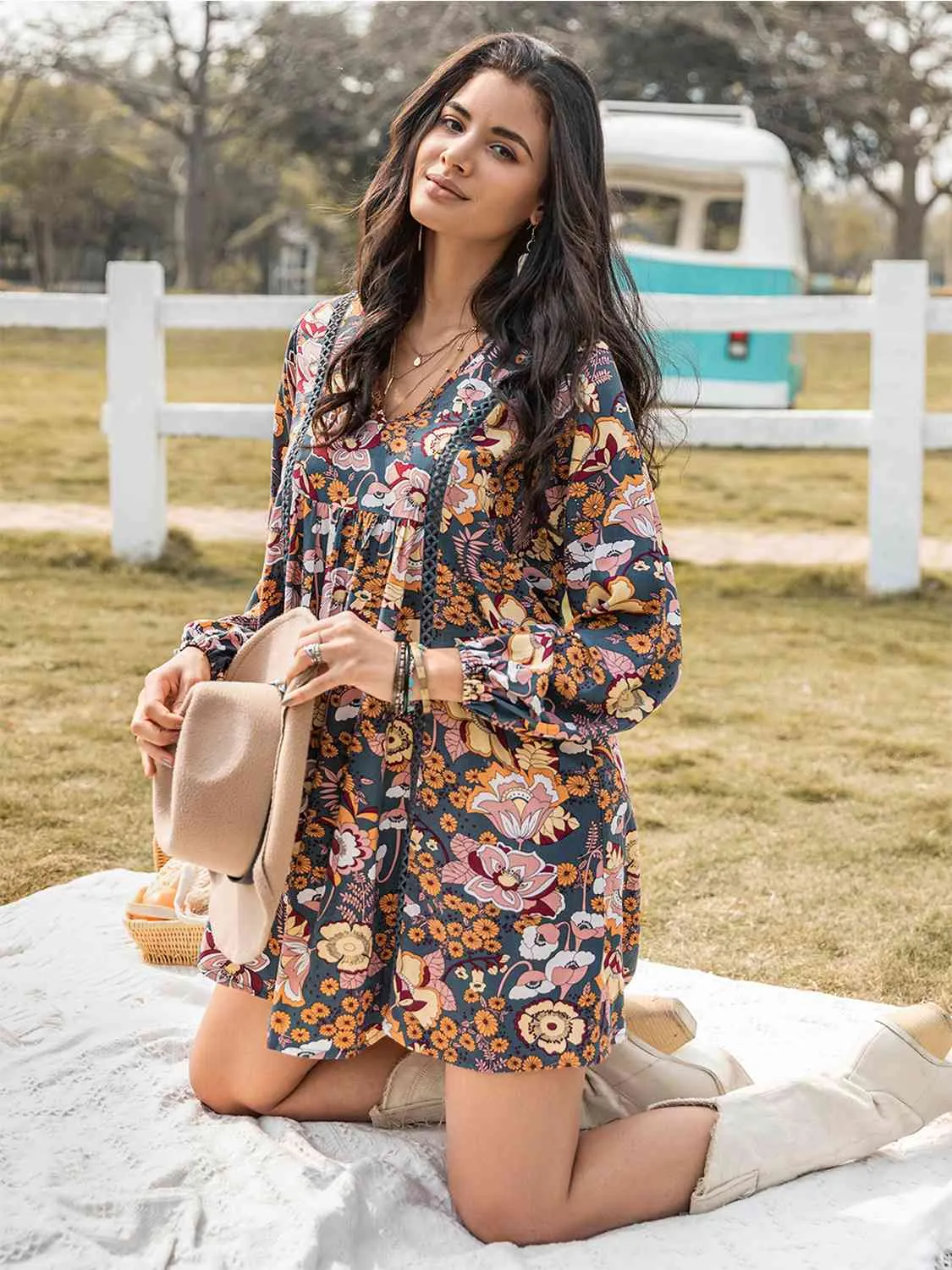 Floral Ruched V-Neck Long Sleeve Dress