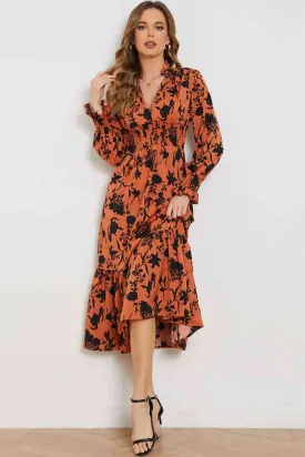 Floral Smocked Long Flounce Sleeve Dress