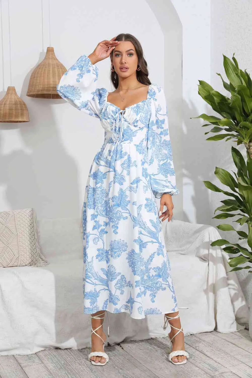 Floral Tie Front Sweetheart Neck Midi Dress