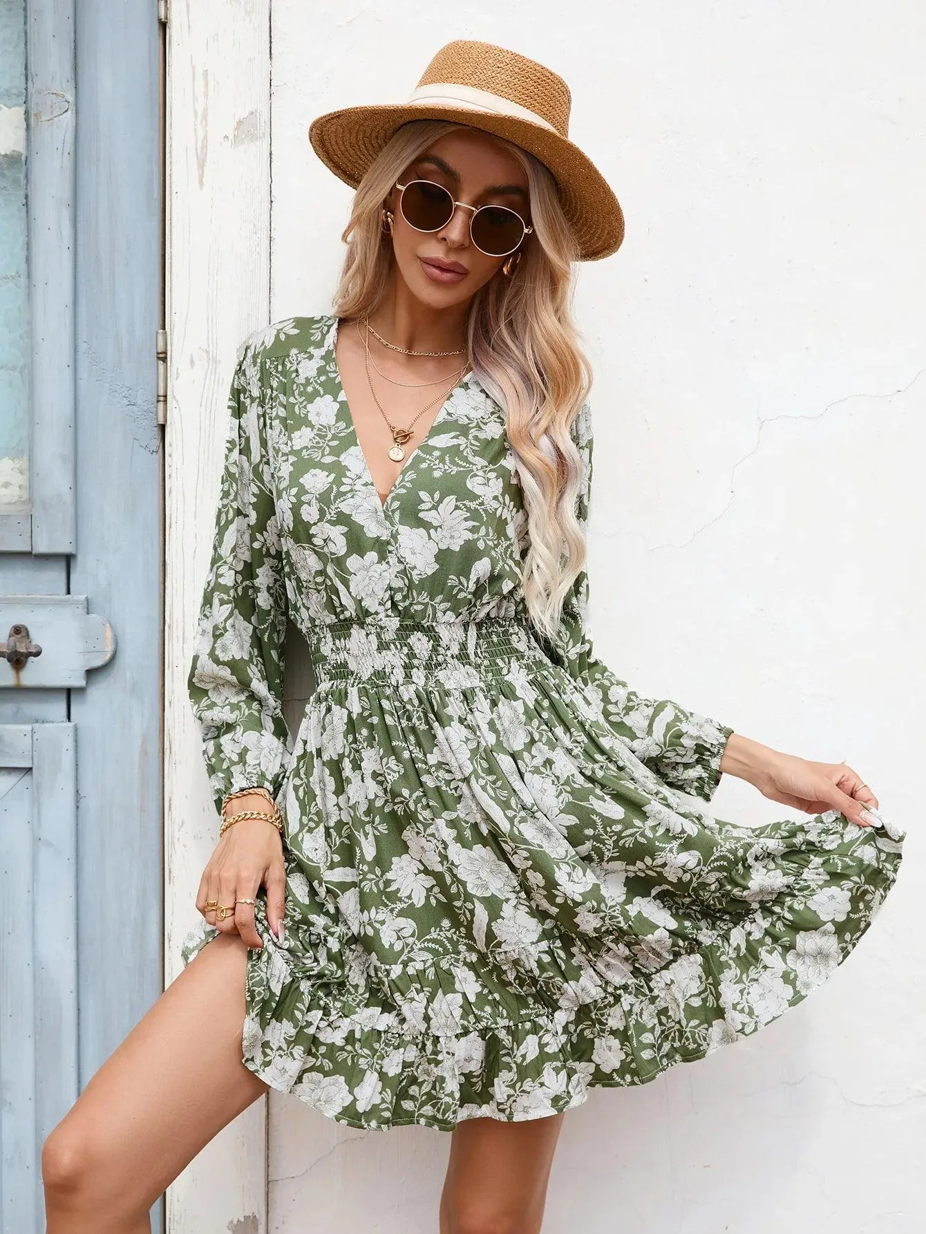 Floral V-neck Long Sleeve Mini Dress