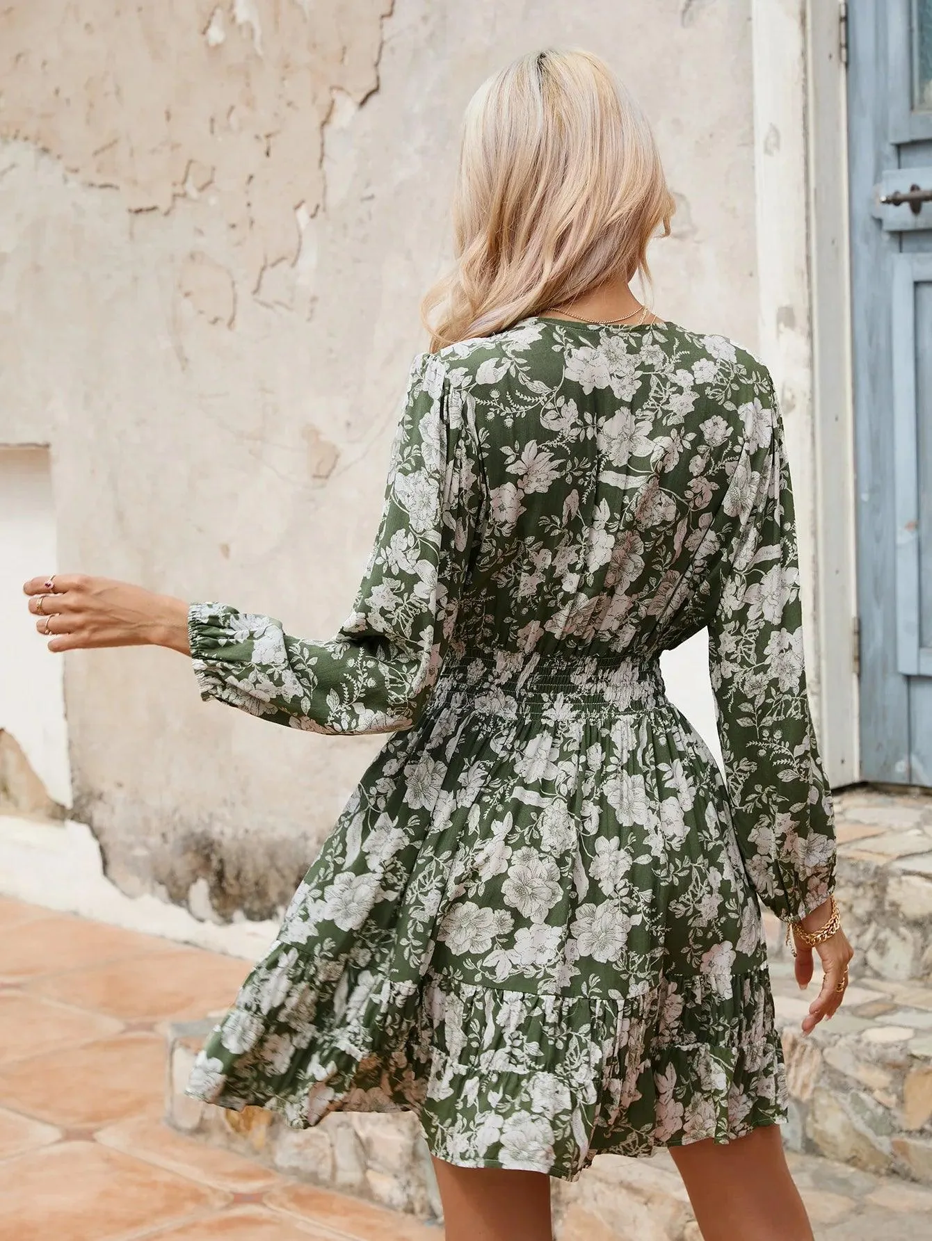 Floral V-neck Long Sleeve Mini Dress