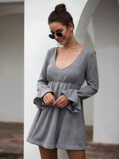 Flounce Sleeve V-Neck Mini Dress