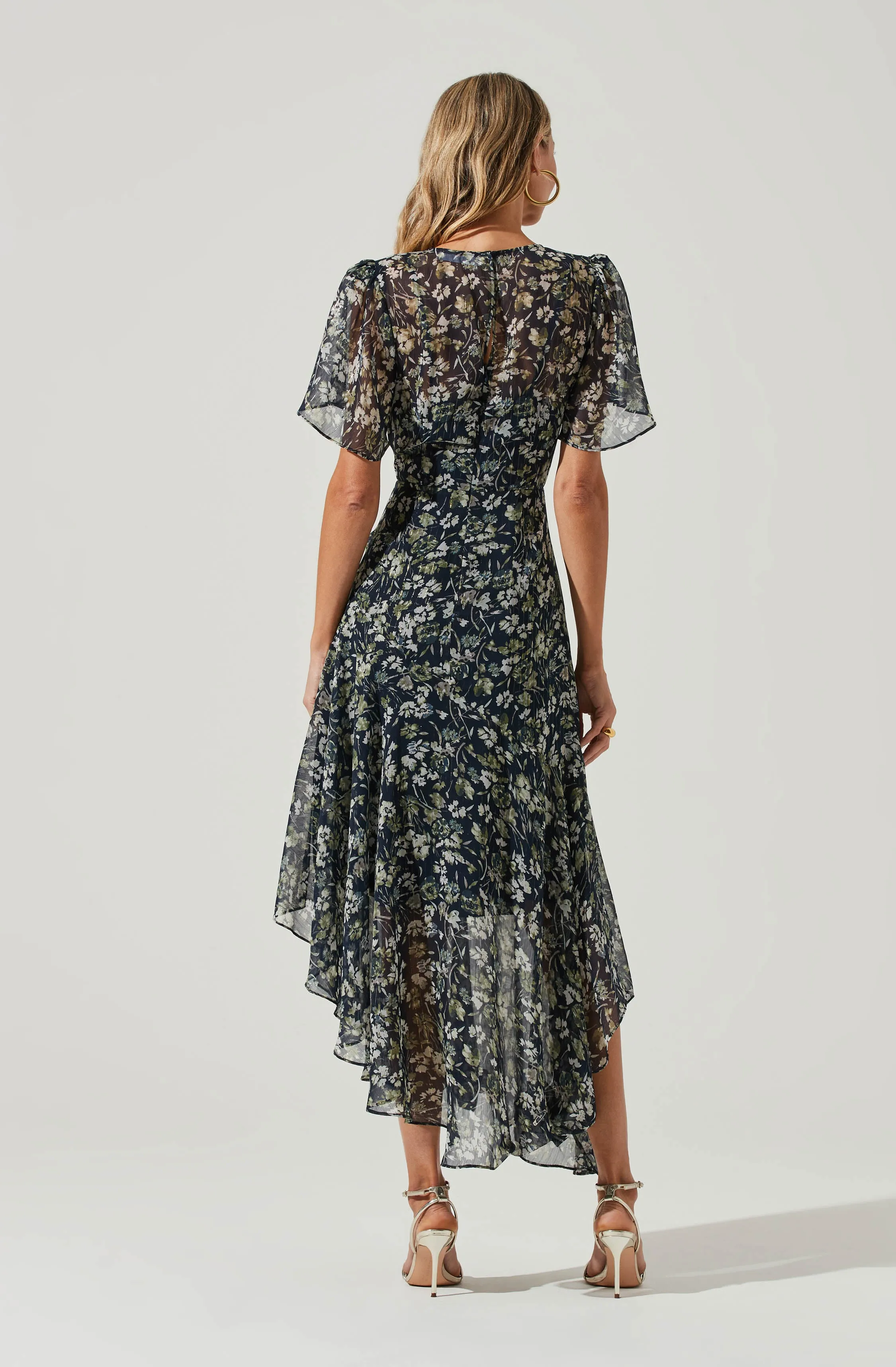 Flutter Sleeve Asymmetrical Floral Maxi Dress