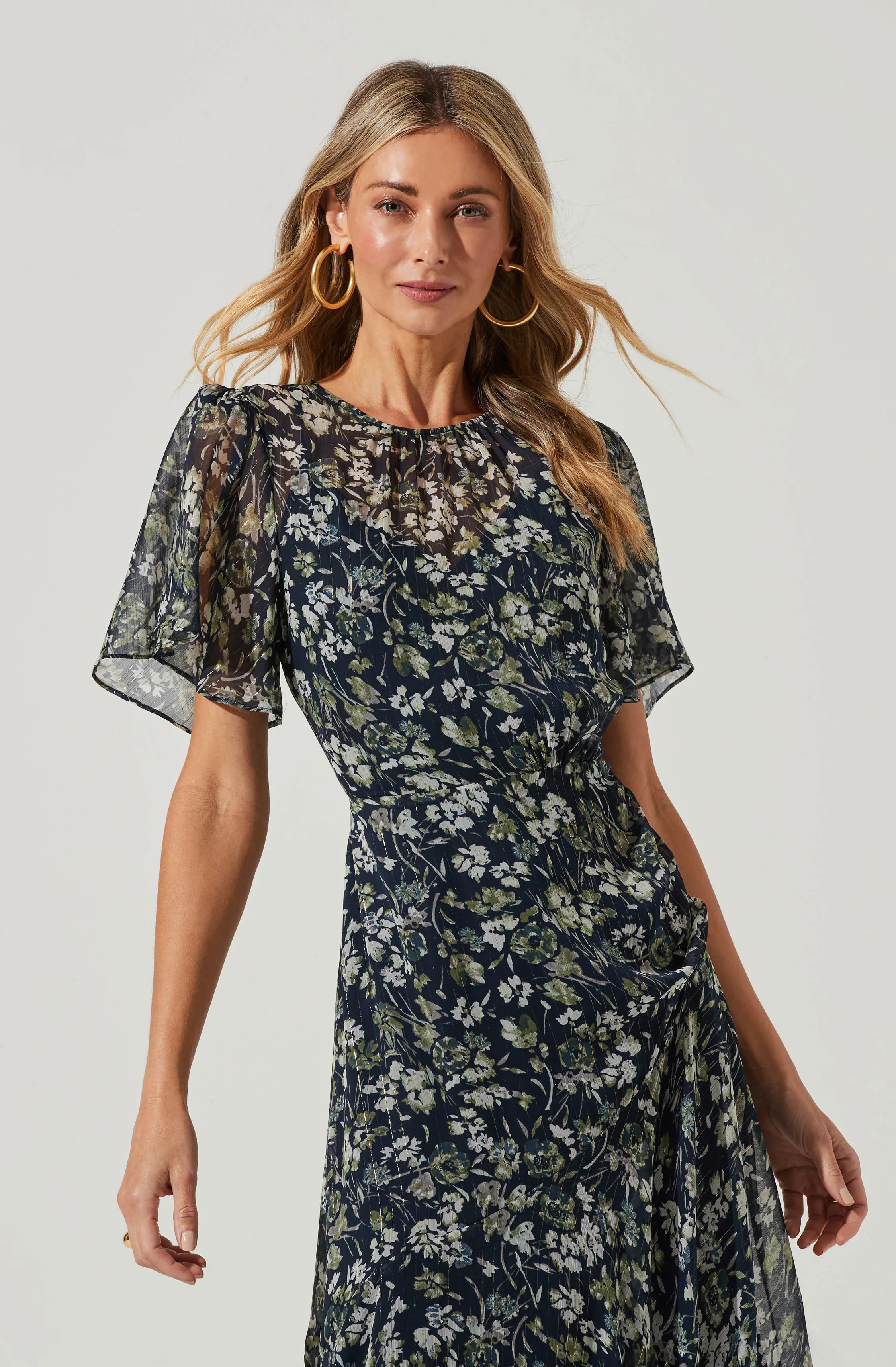 Flutter Sleeve Asymmetrical Floral Maxi Dress