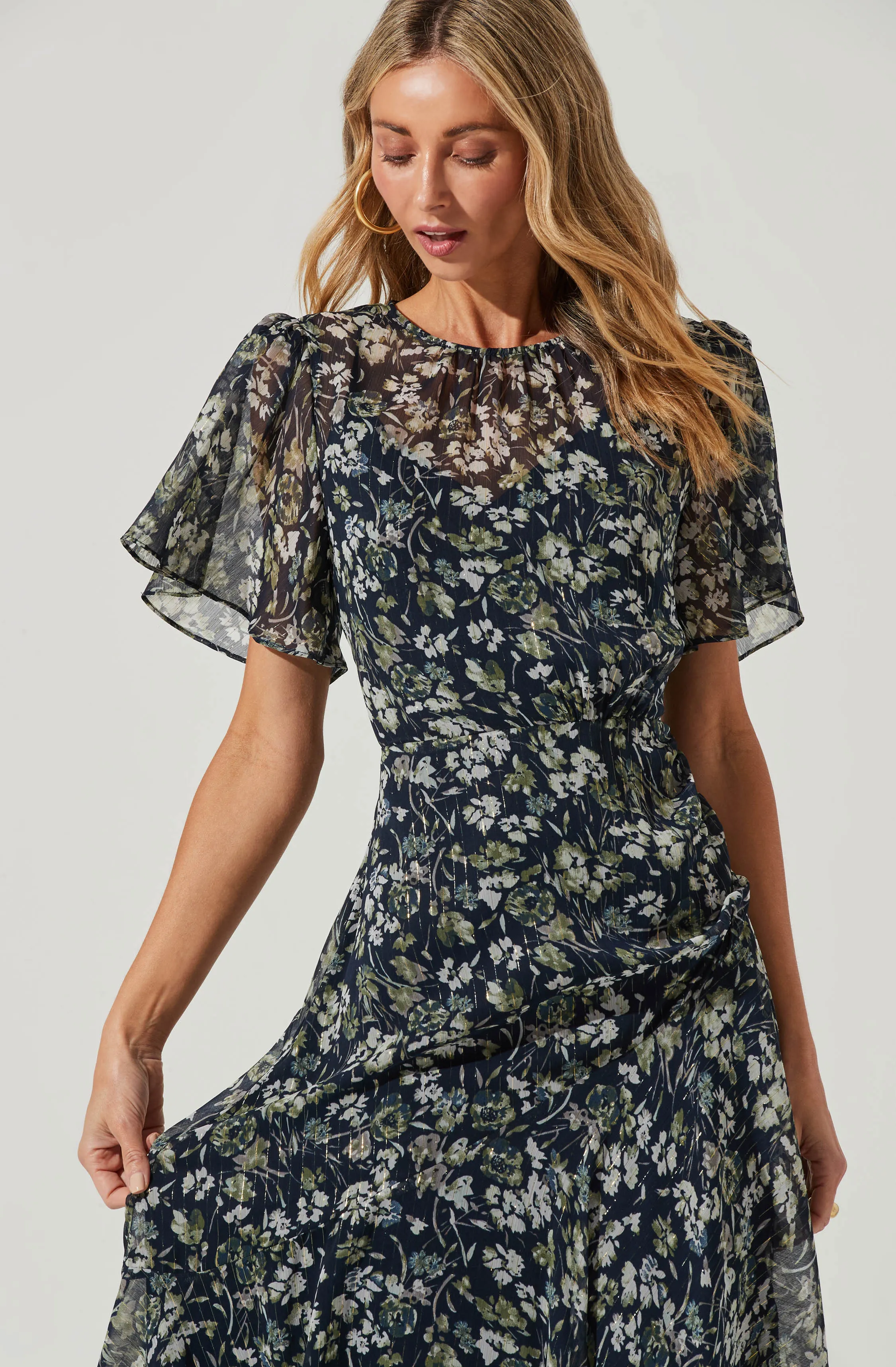 Flutter Sleeve Asymmetrical Floral Maxi Dress