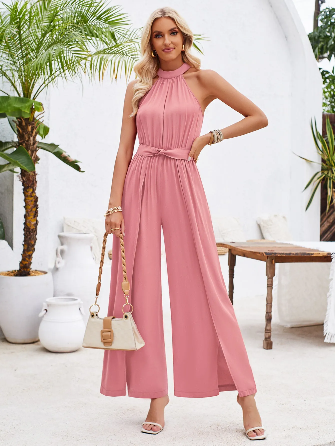 Fresh Style Solid Color Halter Neck Tie Jumpsuit