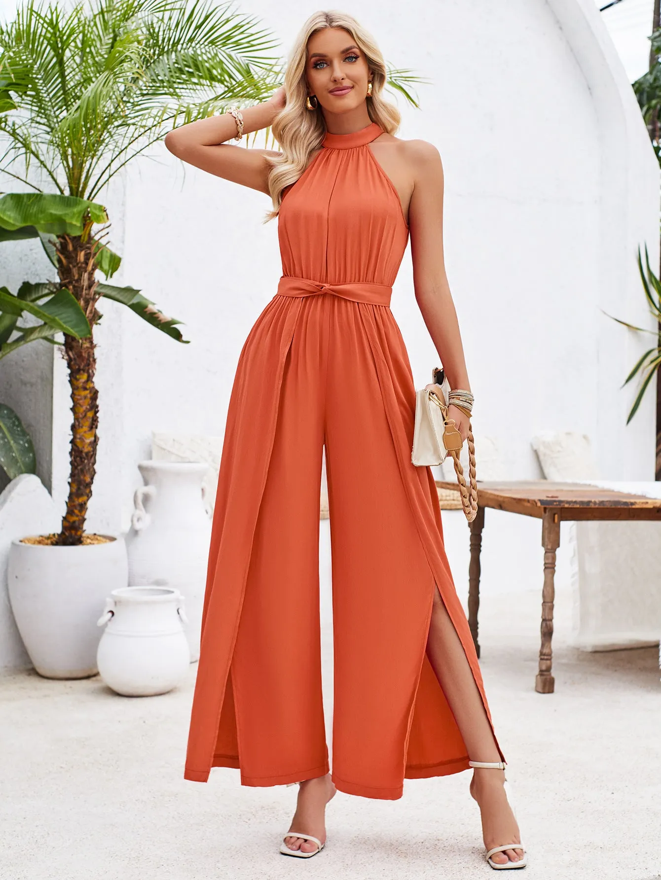 Fresh Style Solid Color Halter Neck Tie Jumpsuit