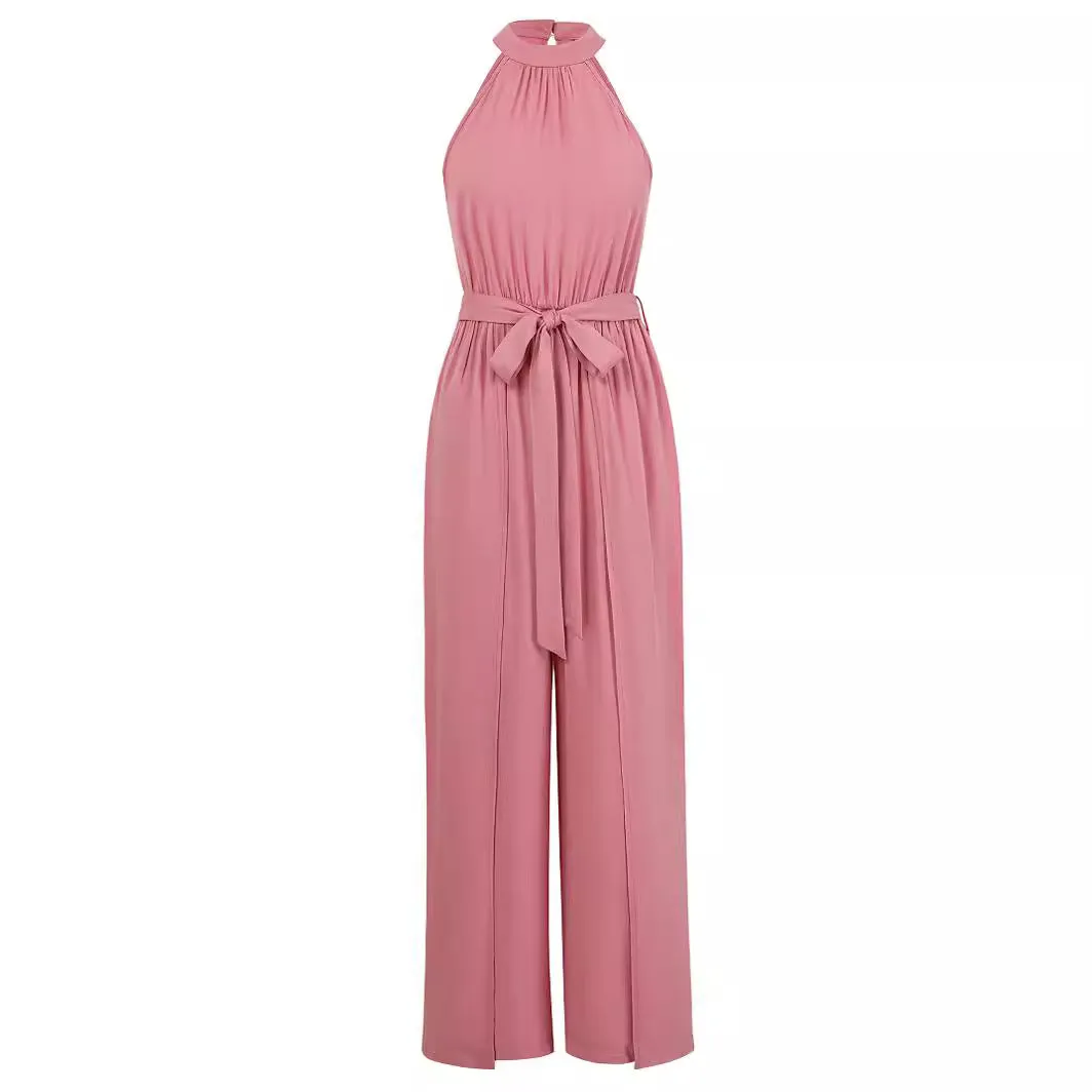 Fresh Style Solid Color Halter Neck Tie Jumpsuit