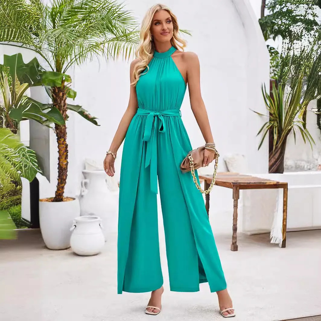 Fresh Style Solid Color Halter Neck Tie Jumpsuit