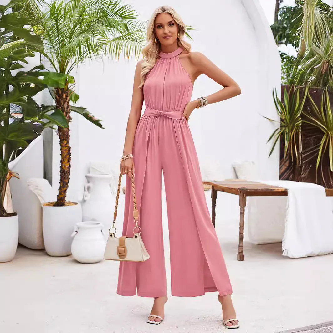 Fresh Style Solid Color Halter Neck Tie Jumpsuit