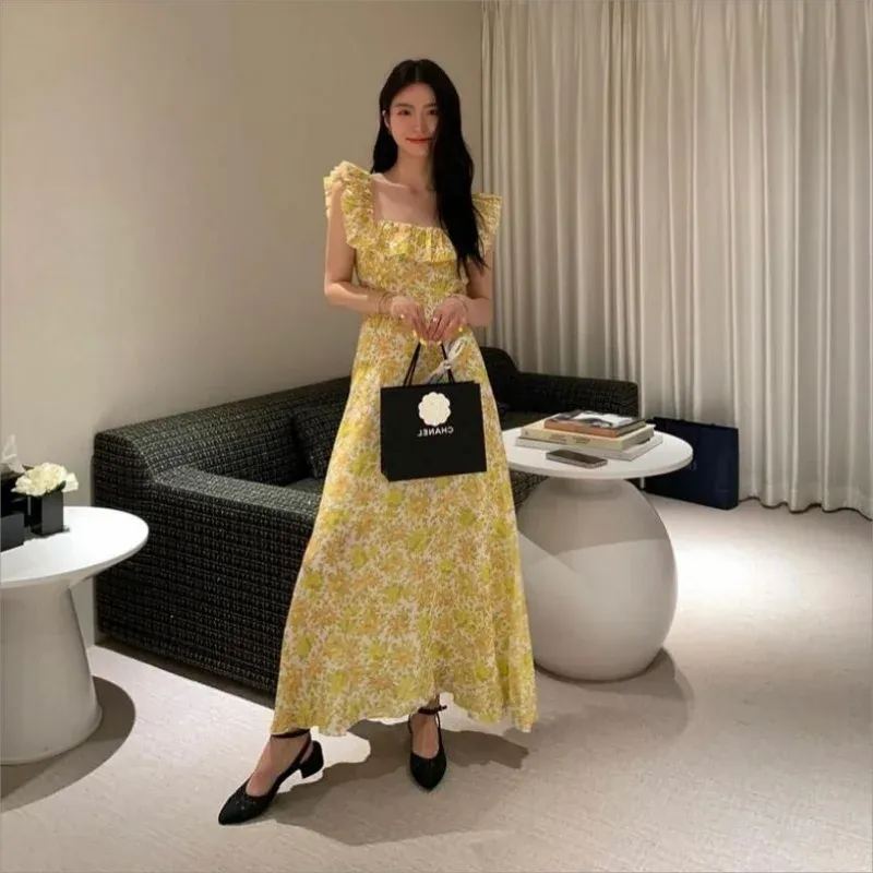 Girlary 2024 Vintage Floral Midi Dress Women Sweet Print Square Neck A Line Dresses Korean Vacation Yellow Flying Sleeves Slim dress