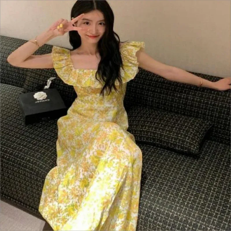 Girlary 2024 Vintage Floral Midi Dress Women Sweet Print Square Neck A Line Dresses Korean Vacation Yellow Flying Sleeves Slim dress