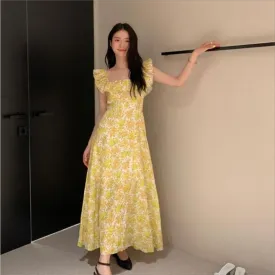 Girlary 2024 Vintage Floral Midi Dress Women Sweet Print Square Neck A Line Dresses Korean Vacation Yellow Flying Sleeves Slim dress