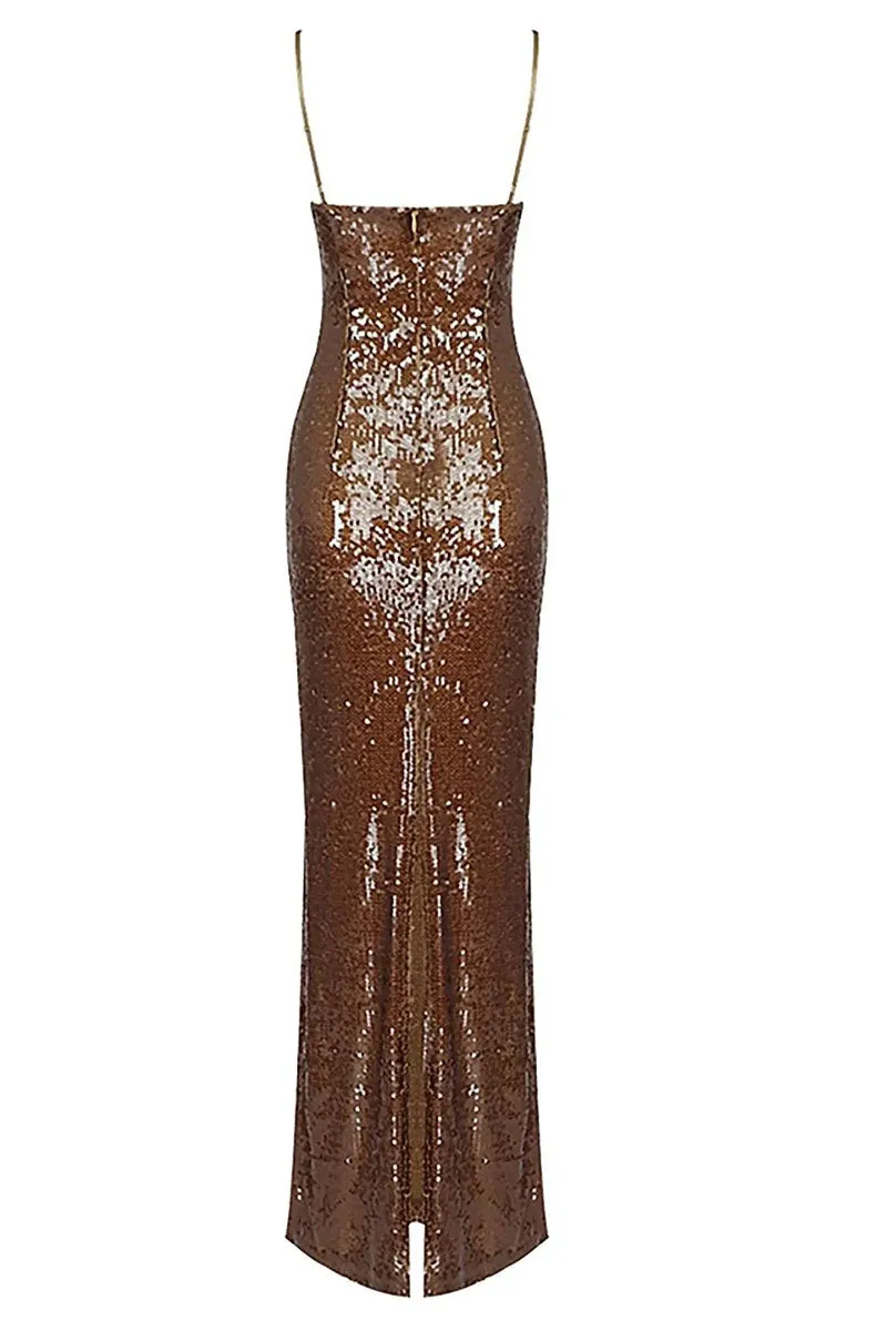 Glamorous Affair Bustier Brown Sequin Maxi Dress