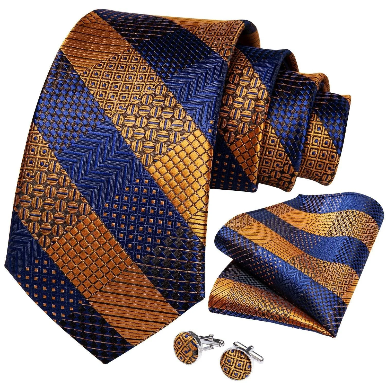 Gold Blue Striped Silk Necktie Set