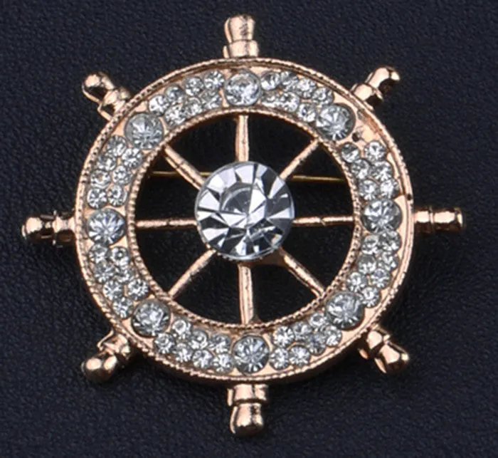 Golden Ship Wheel / Clear Crystal Lapel Pin