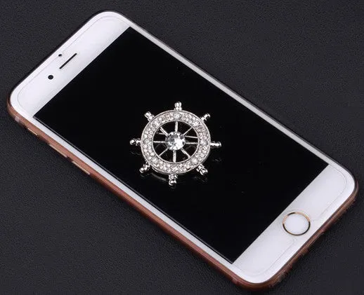 Golden Ship Wheel / Clear Crystal Lapel Pin