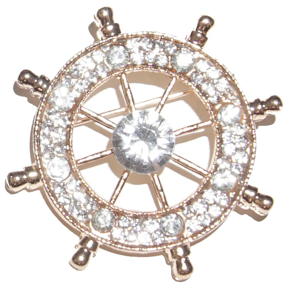 Golden Ship Wheel / Clear Crystal Lapel Pin