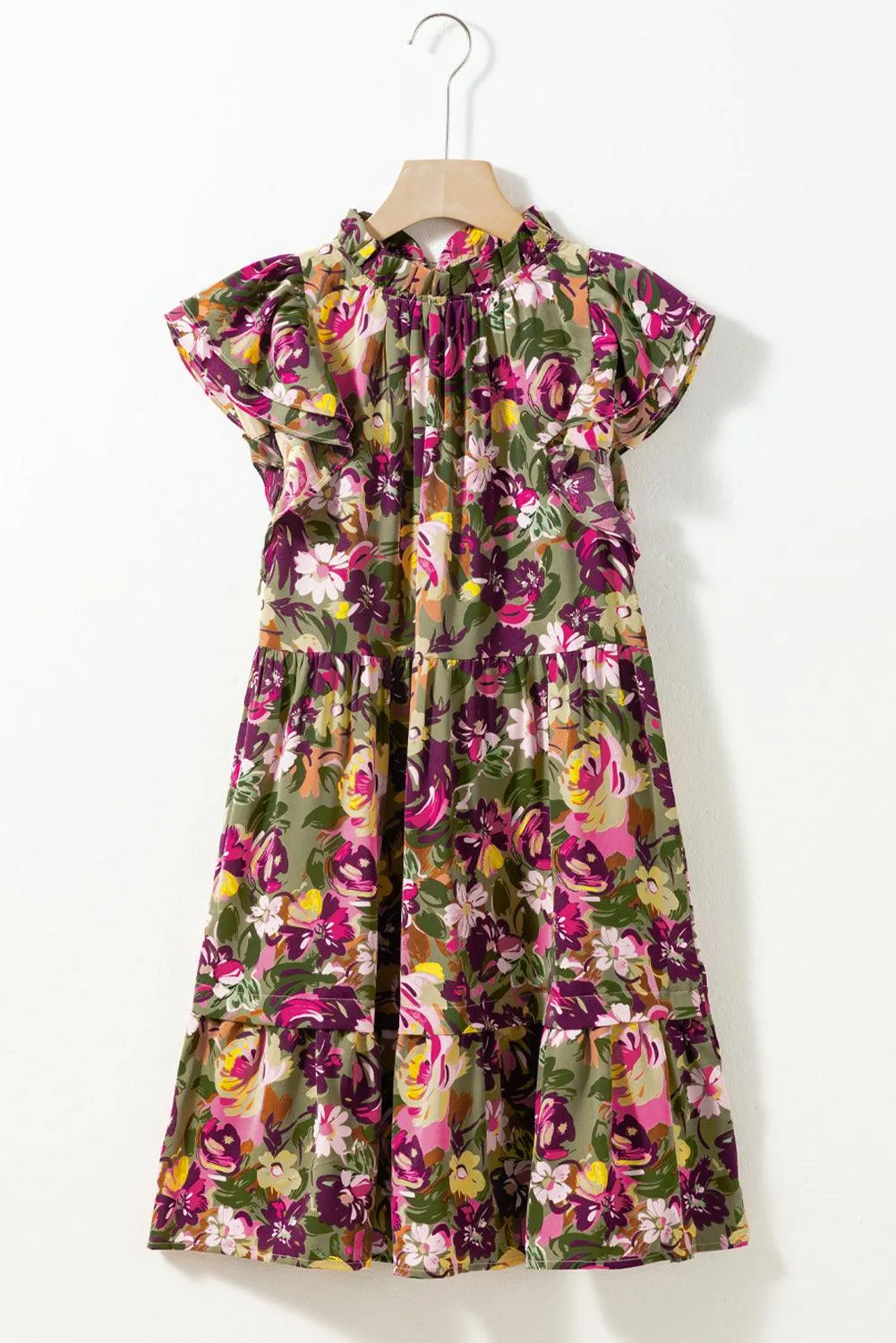 Green Floral Print Ruched Flutter Sleeve Frilled Neck Mini Dress