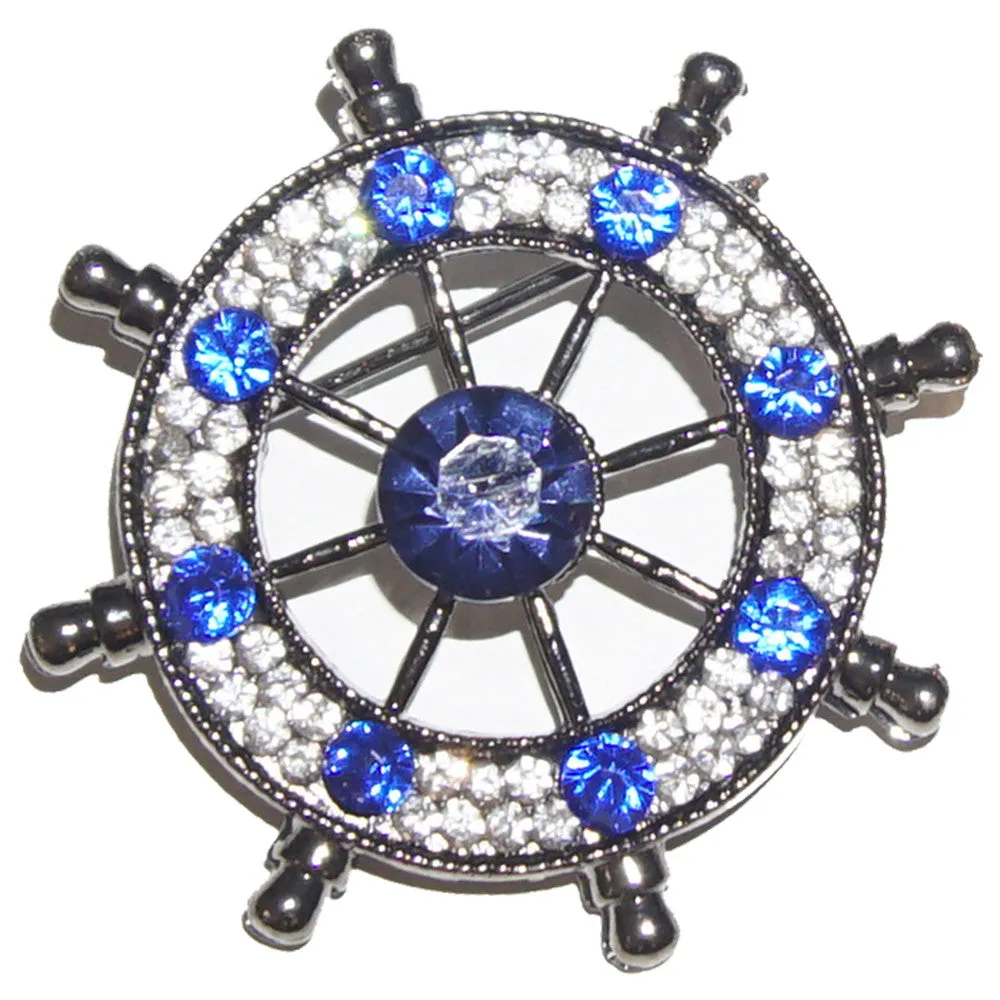 Gunmetal Ship Wheel / Clear Crystal Lapel Pin