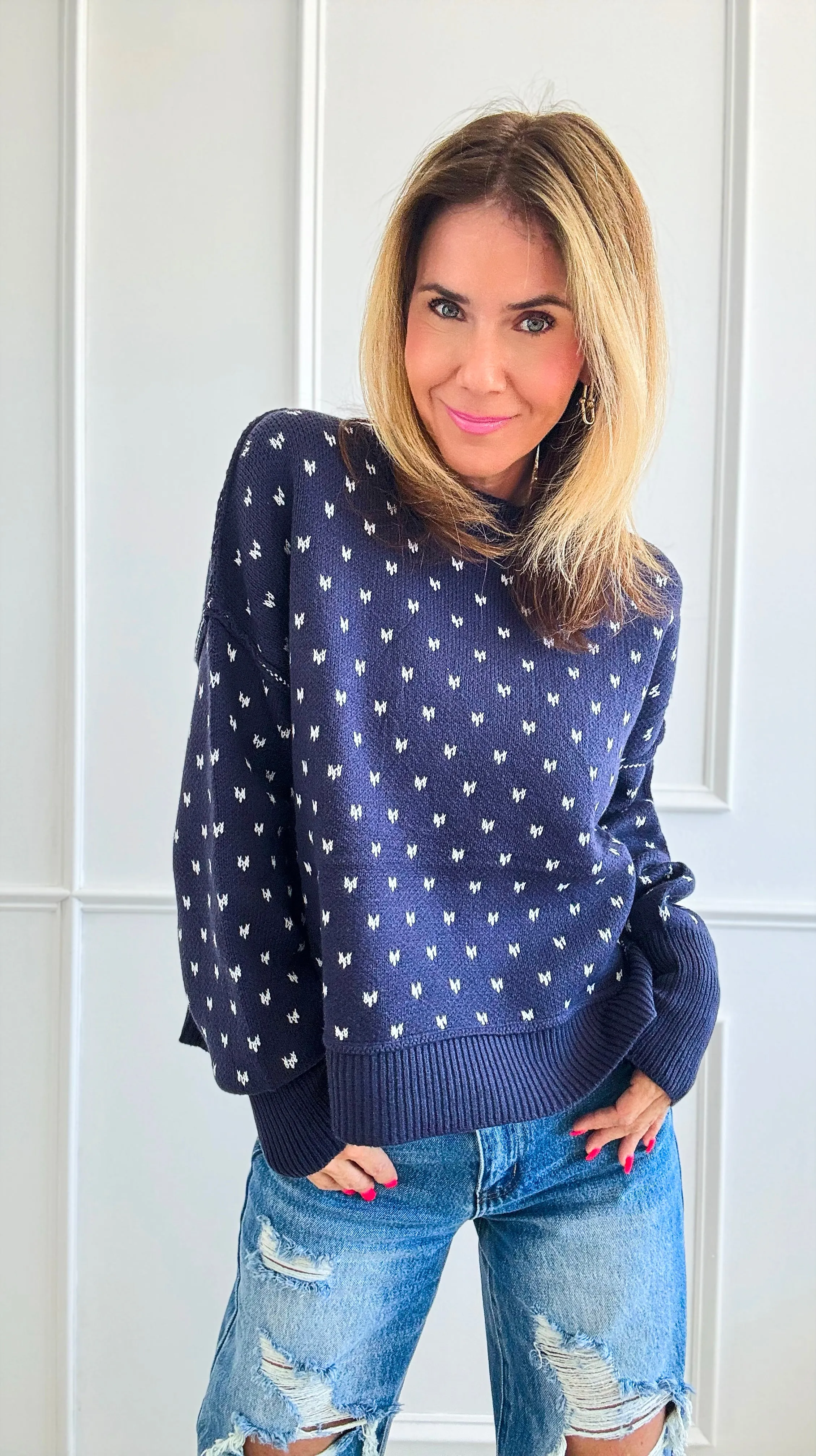 Heart Pattern Cropped Sweater - Navy