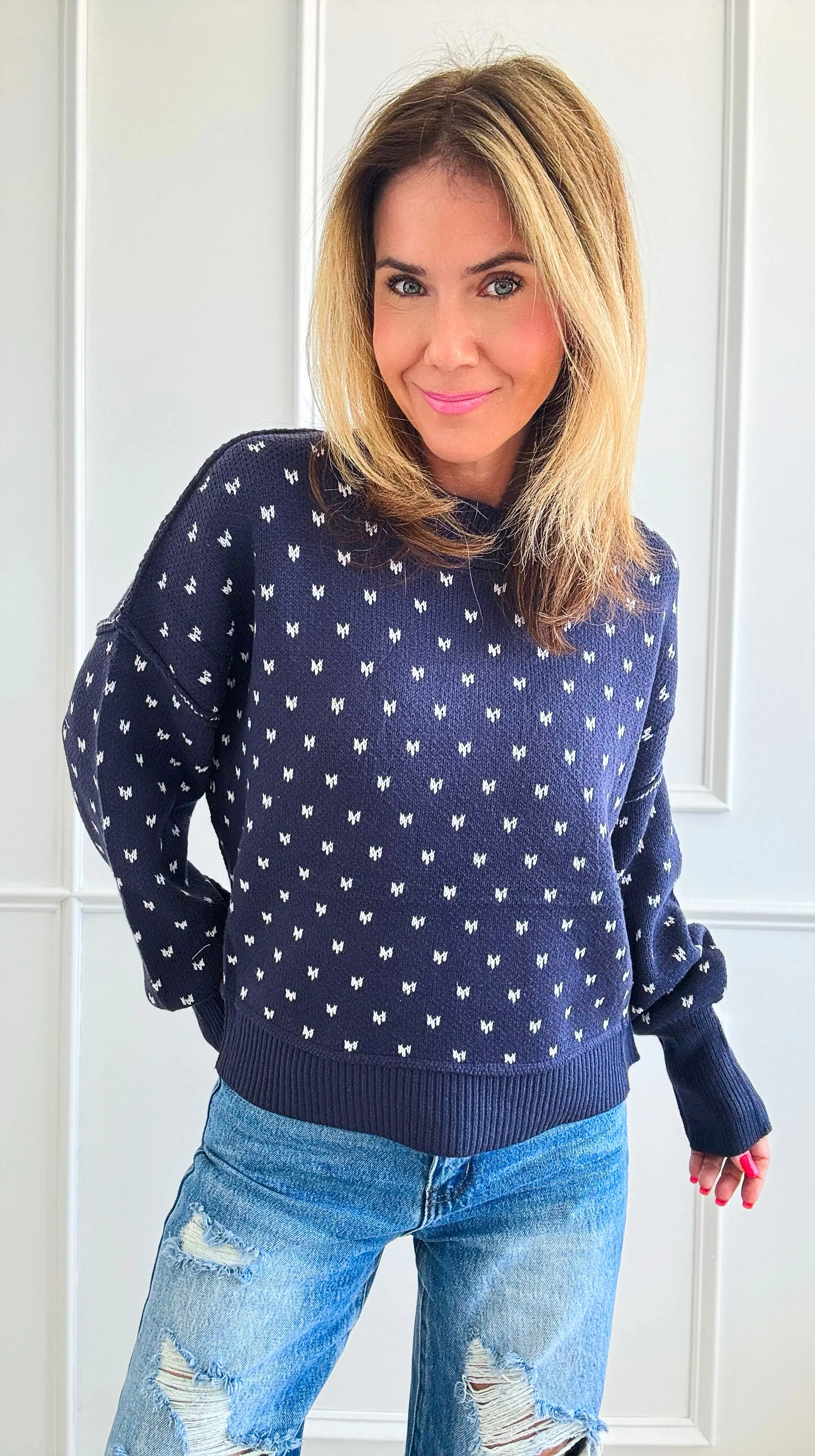 Heart Pattern Cropped Sweater - Navy