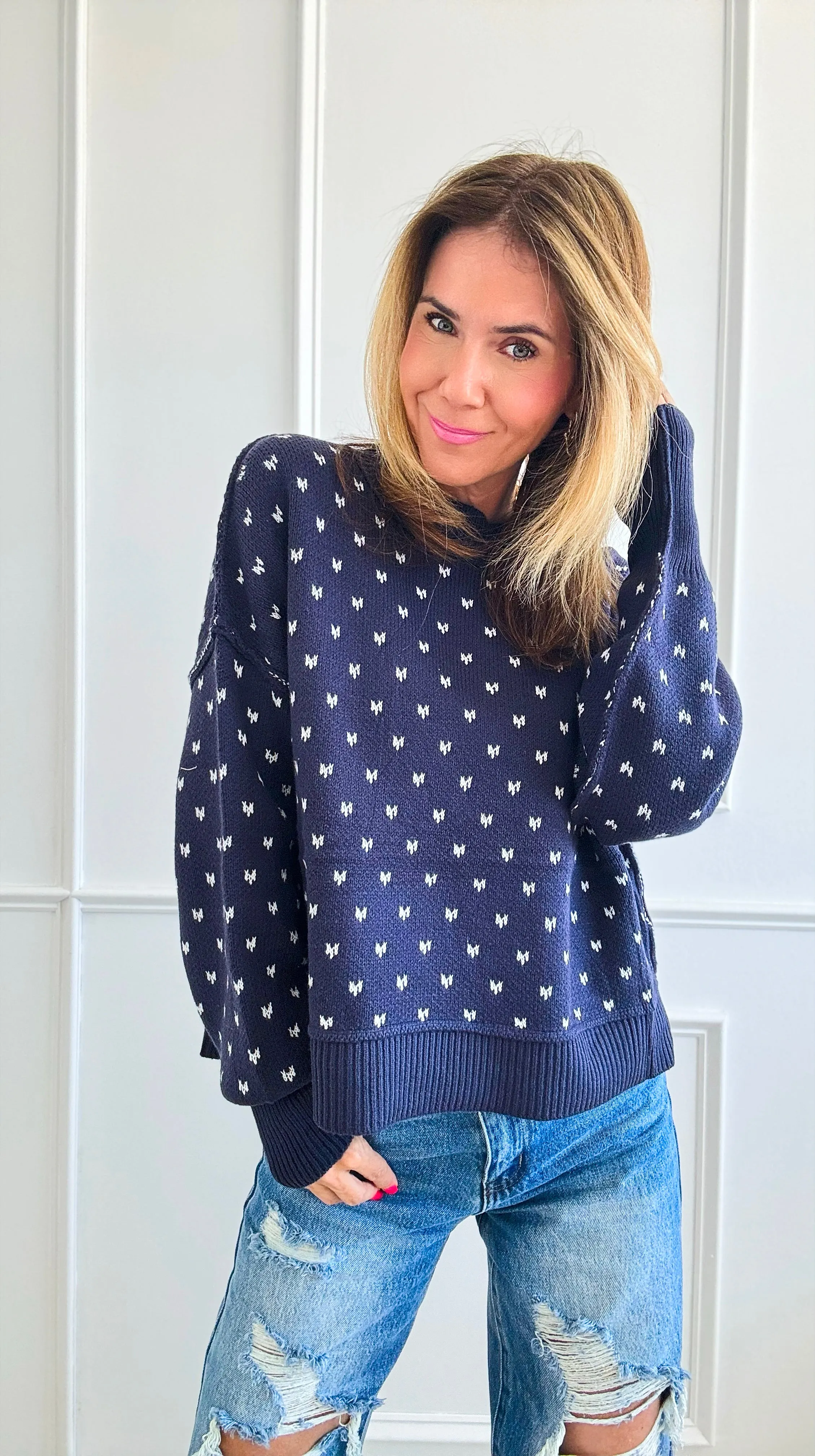 Heart Pattern Cropped Sweater - Navy