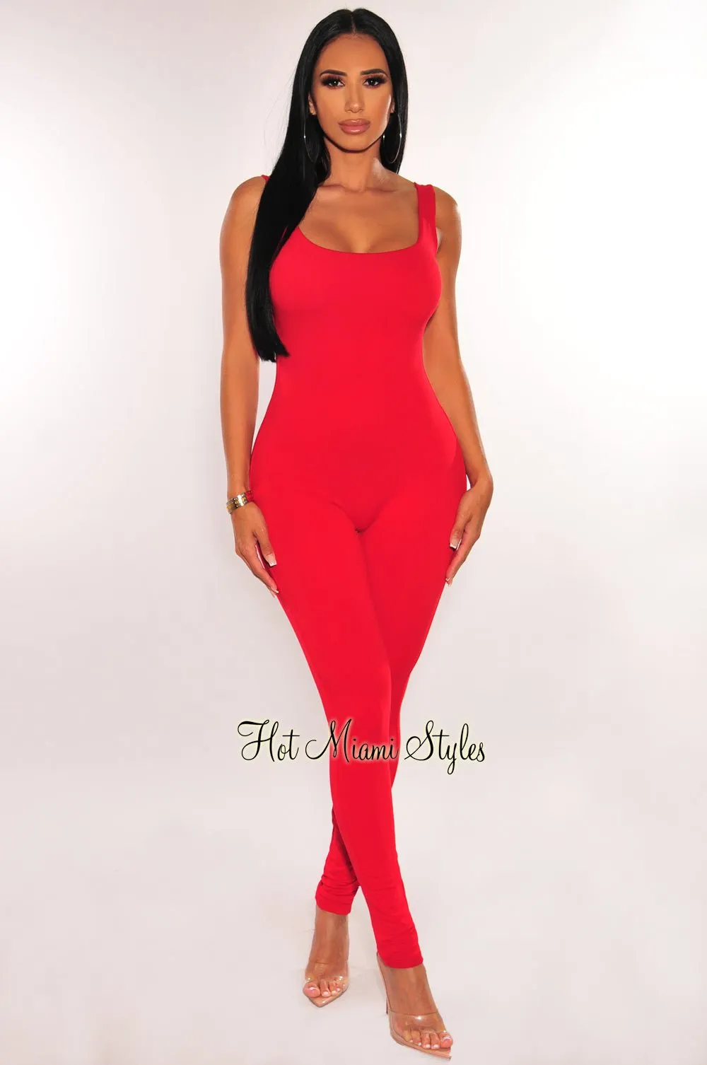 HMS Essential: Red Spaghetti Strap Open Back Perfect Fit Jumpsuit