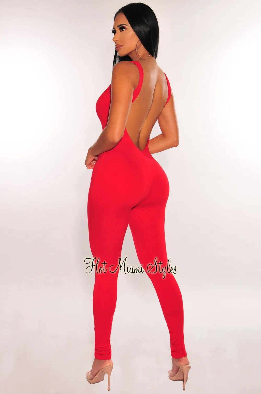 HMS Essential: Red Spaghetti Strap Open Back Perfect Fit Jumpsuit