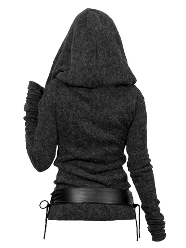 Hooded Cowl Front Lace Up Belted Sweater Spring Tops Tee For Women Solid Black Green Light Gray T-shirts