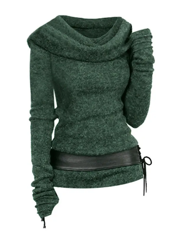 Hooded Cowl Front Lace Up Belted Sweater Spring Tops Tee For Women Solid Black Green Light Gray T-shirts