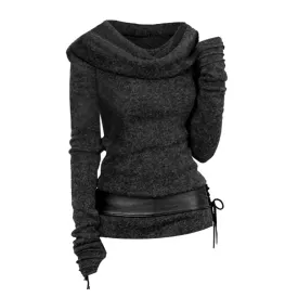 Hooded Cowl Front Lace Up Belted Sweater Spring Tops Tee For Women Solid Black Green Light Gray T-shirts