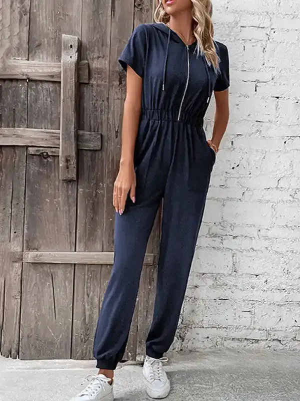 Hooded Zip Loose Casual Cargo Jumpsuit