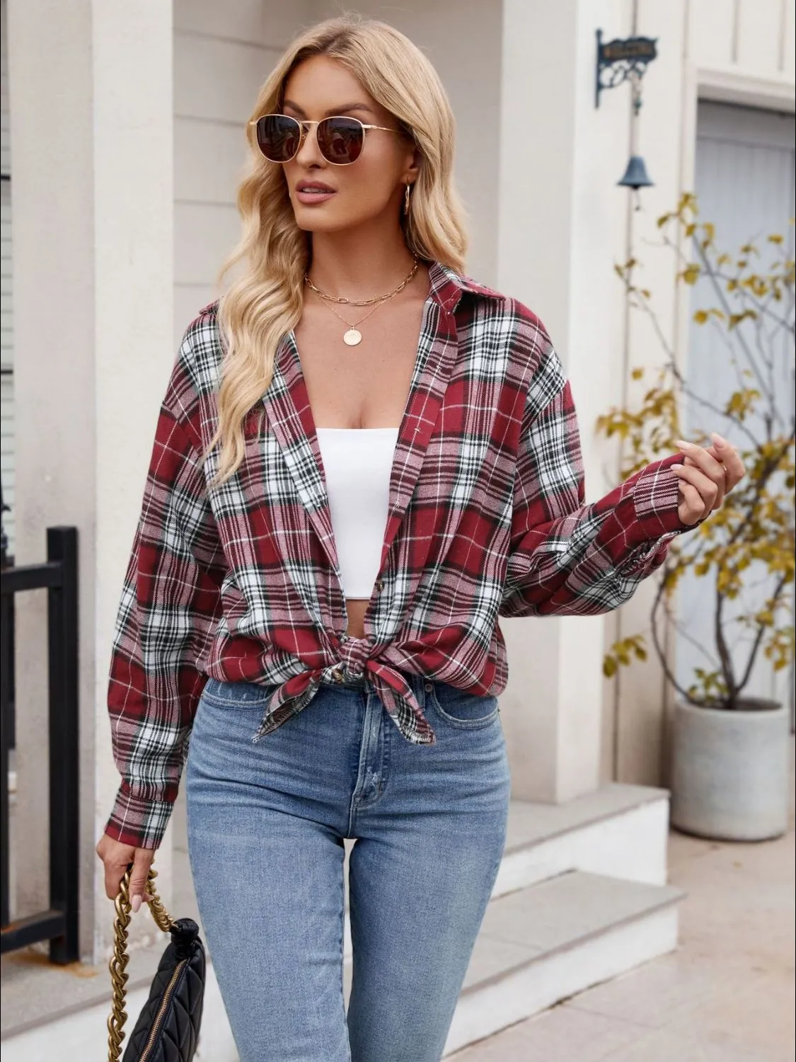 Just For Me Plaid Collared Neck Long Sleeve Shirt plaid shirt