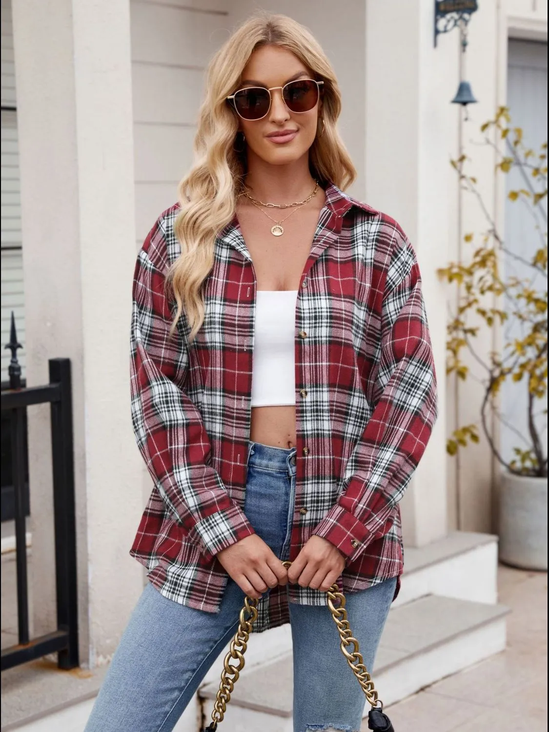 Just For Me Plaid Collared Neck Long Sleeve Shirt plaid shirt