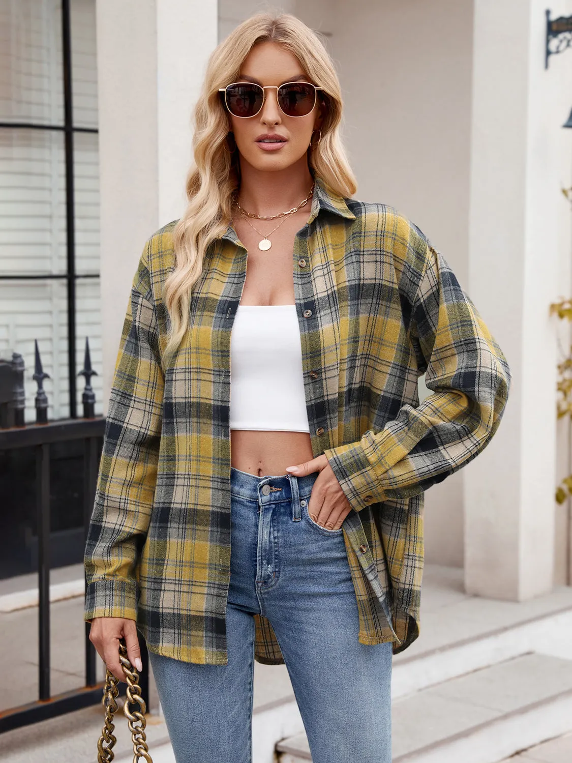 Just For Me Plaid Collared Neck Long Sleeve Shirt plaid shirt