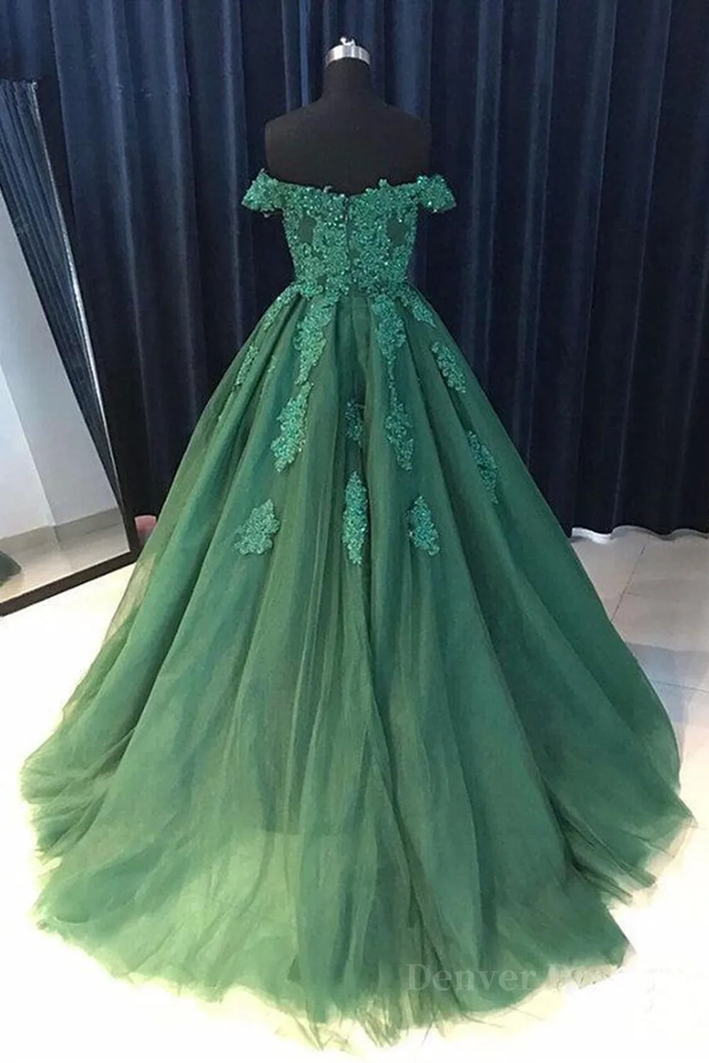 kamahe Gorgeous Off Shoulder Green Lace Long Prom Dresses, Green Lace Formal Evening Dresses, Green Ball Gown