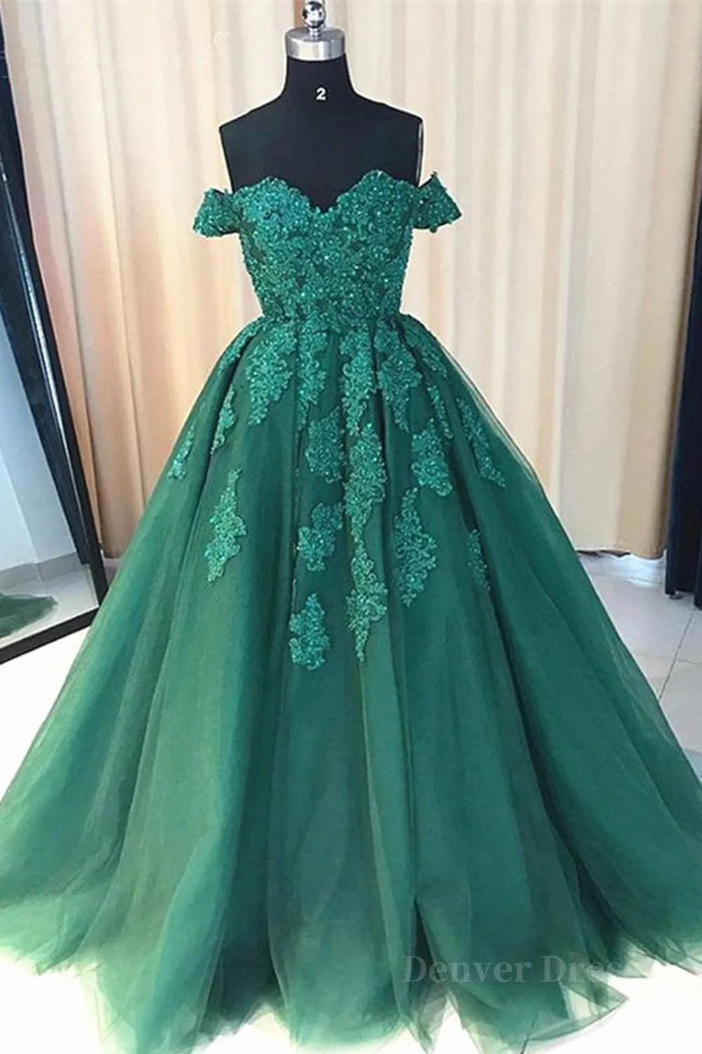 kamahe Gorgeous Off Shoulder Green Lace Long Prom Dresses, Green Lace Formal Evening Dresses, Green Ball Gown