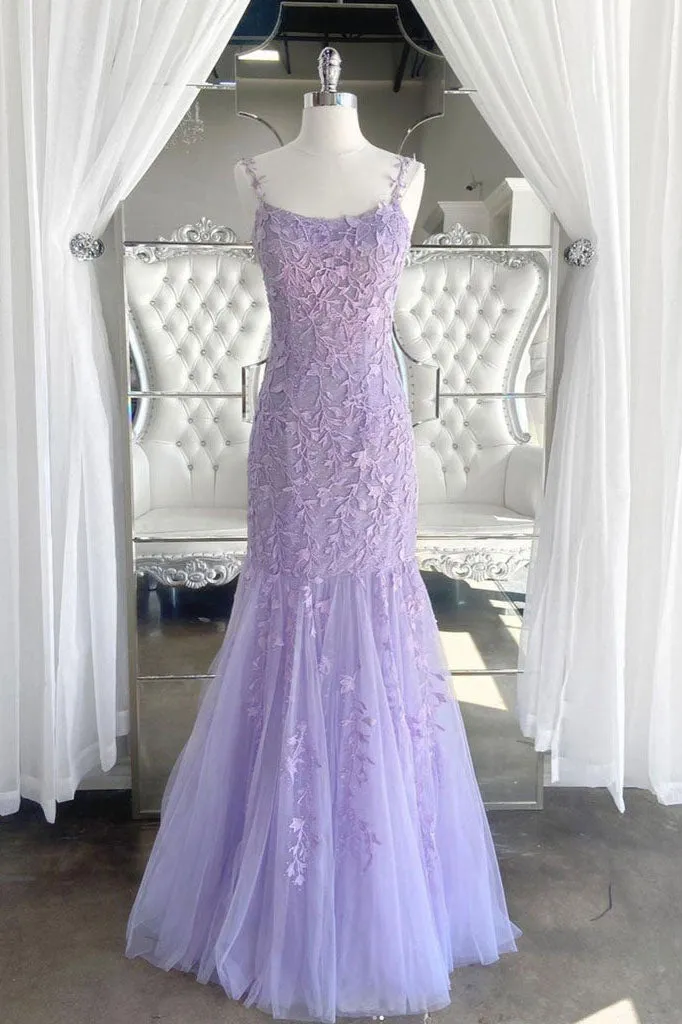 kamahe Lilac Spaghetti Straps Long Lace Tulle Evening Dresses Mermaid Appliques Prom Dresses